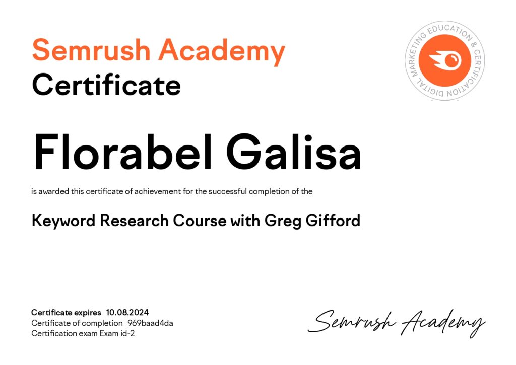 Florabel Galisa Keyword Research Certificate from Semrush Academy