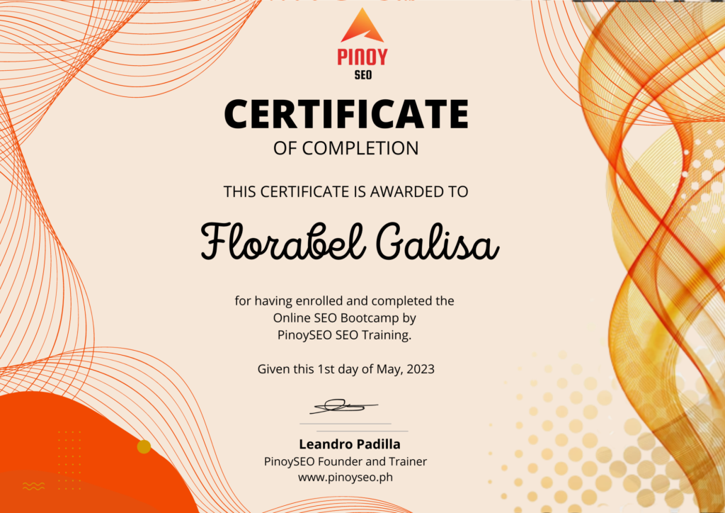 Florabel Galisa SEO Bootcamp Certificate from Pinoy SEO