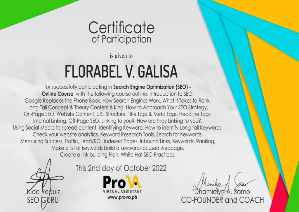 Florabel Galisa SEO Online Course Certificate from Pro VA